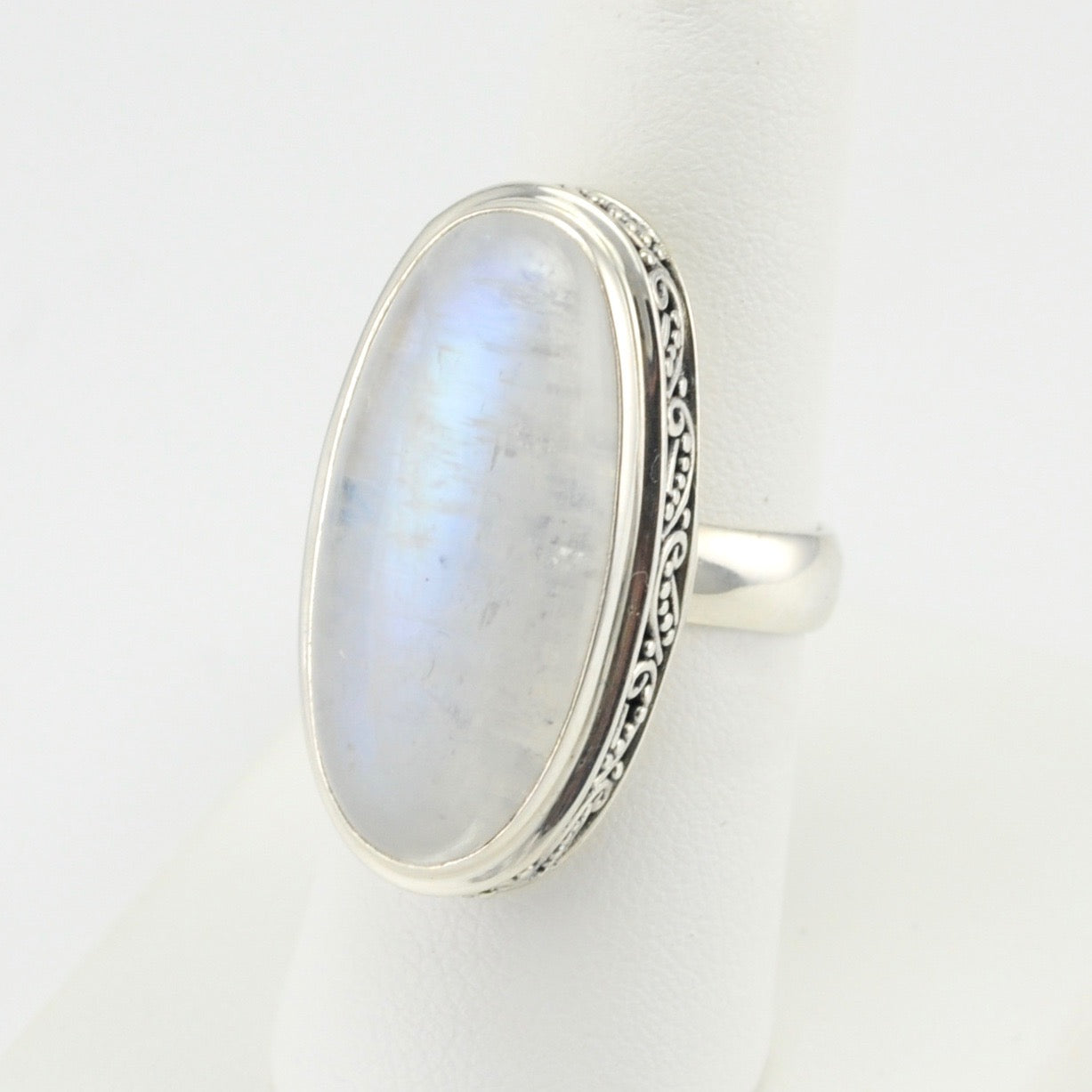 Sterling Silver Moonstone Long Oval Bali Ring