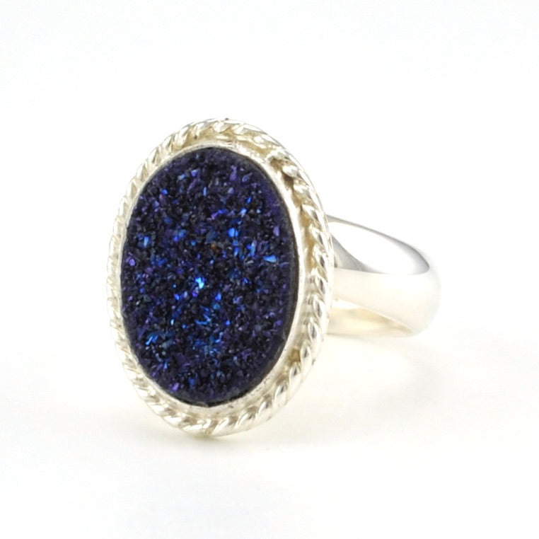 Sterling Silver Blue Druzy Agate Oval Rope Ring