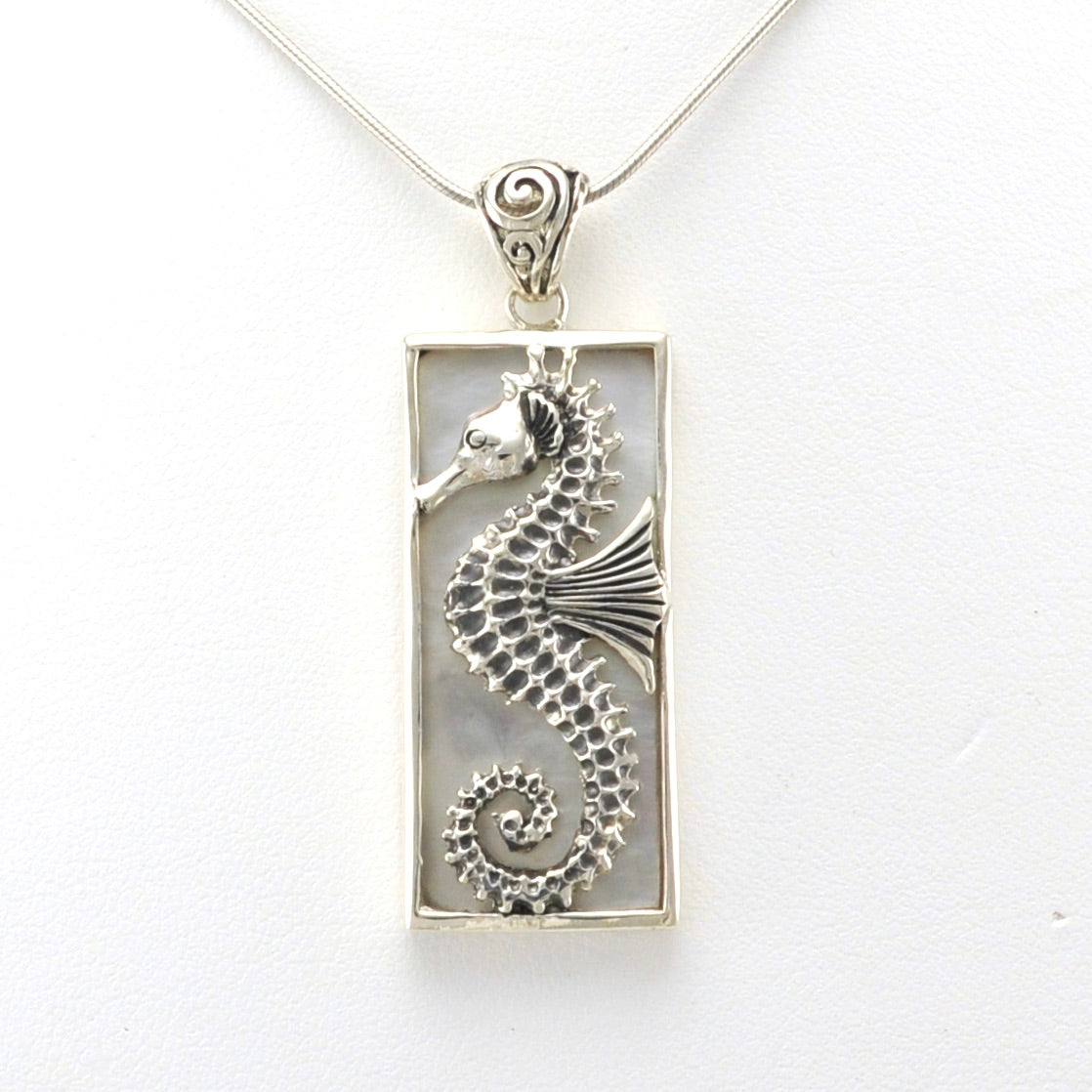 Alt View Sterling Silver Mother of Pearl Seahorse Rectangle Pendant