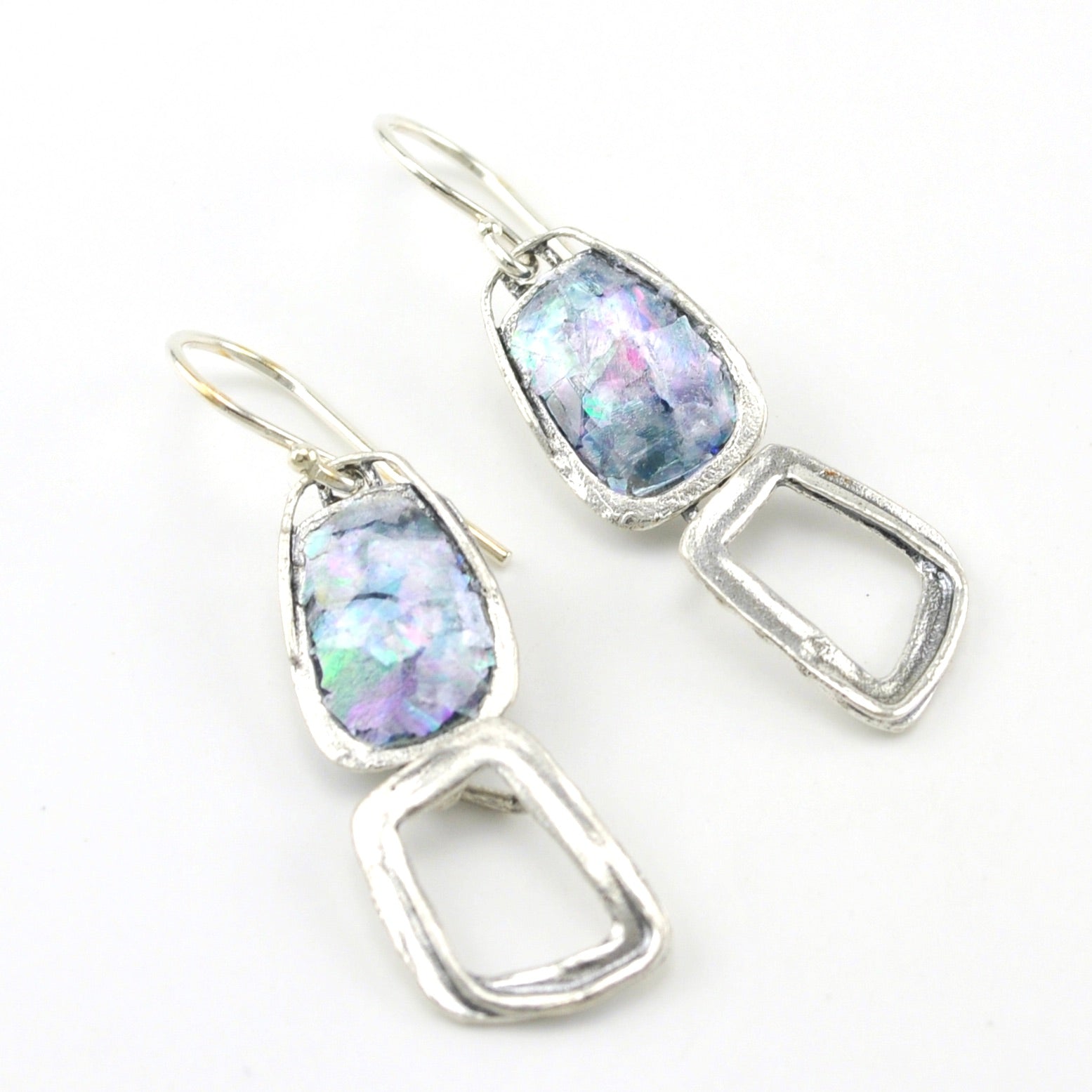 Sterling Silver Roman Glass Rectangular Dangle Earrings