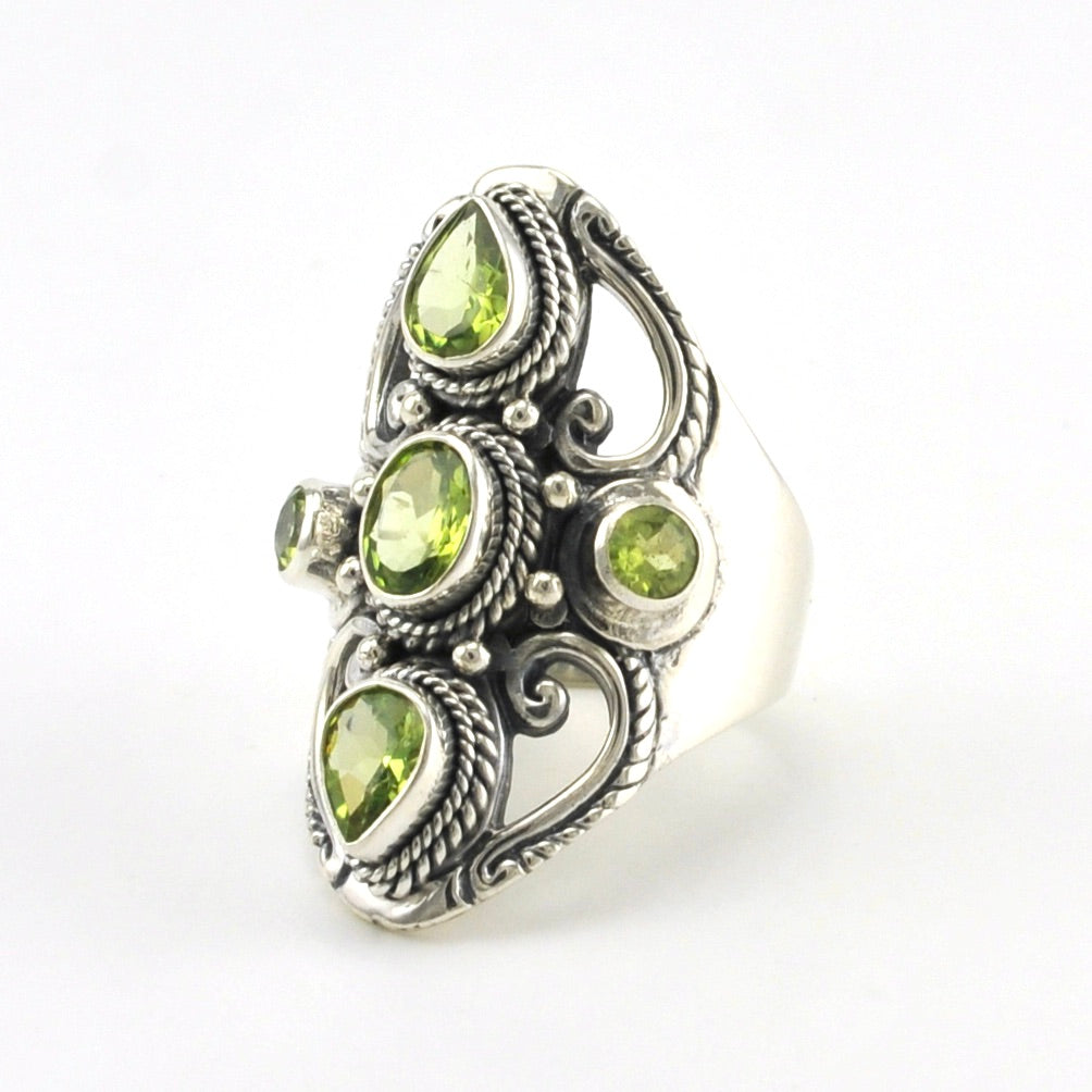 Side View Sterling Silver Peridot 5 Stone Bali Ring