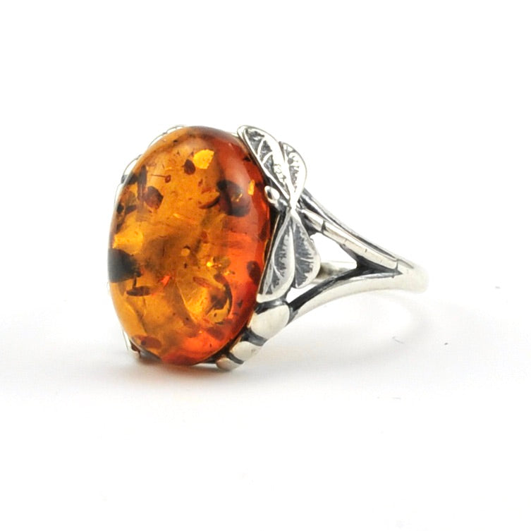 Sterling Silver Amber Oval Dragonfly Rin