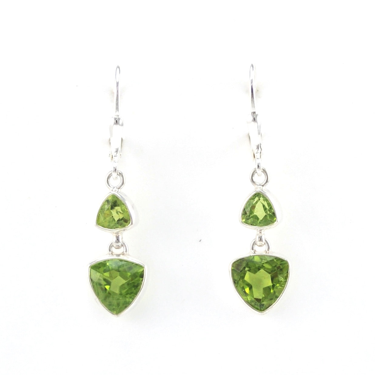 Front View Silver Peridot 2 Trillion Dangle Earrings