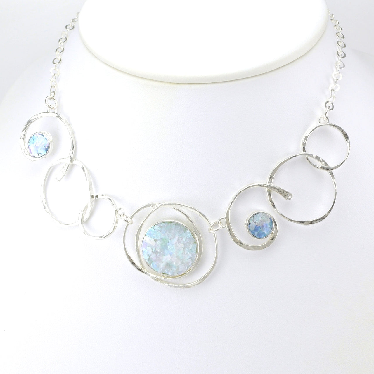 Side View Sterling Silver Roman Glass 3 Circle Swirl Necklace