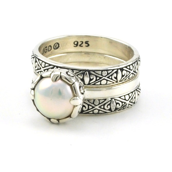Sterling Silver Pearl 3 Ring Stack