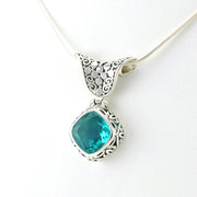 Side View Sterling Silver Paraiba Quartz 10mm Offset Square Necklace