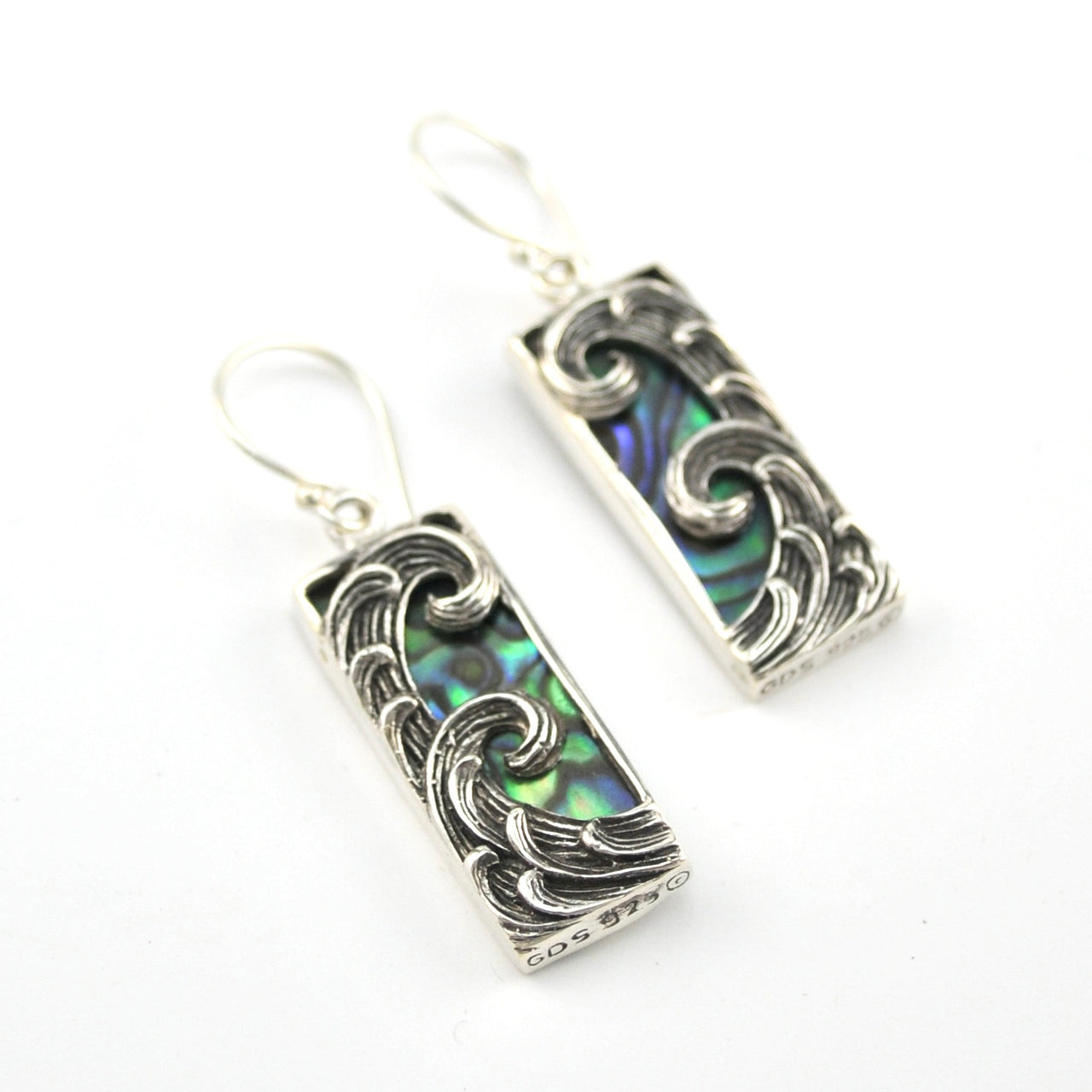 Silver Abalone Rectangle Wave Earrings