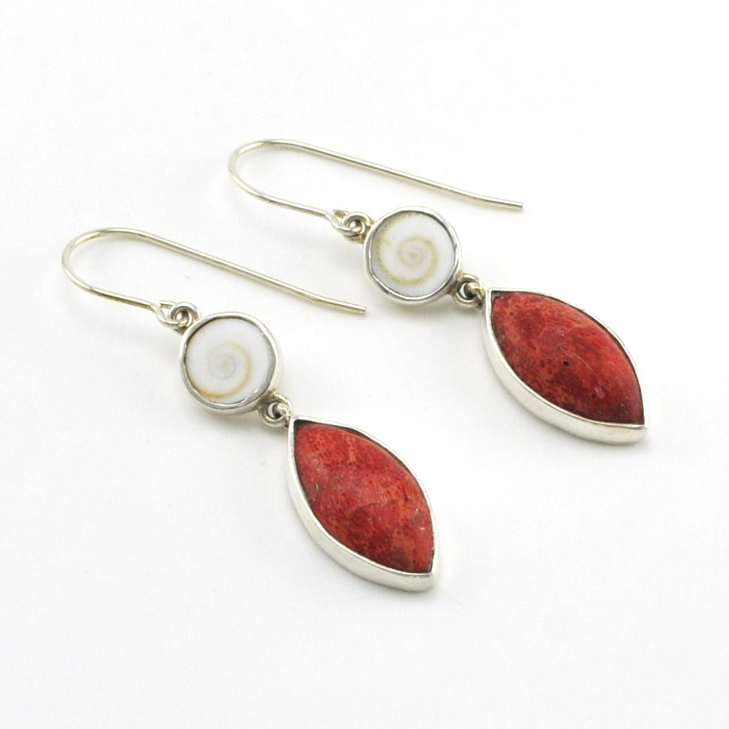 Sterling Silver Shiva Shell Red Coral Marquise Earrings