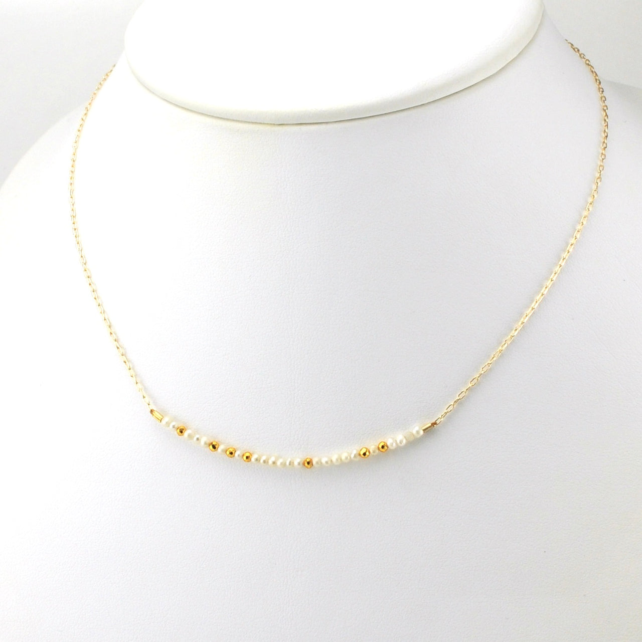 Side View 14k Gold Fill Seed Pearl and Gold Pyrite Bar Necklace
