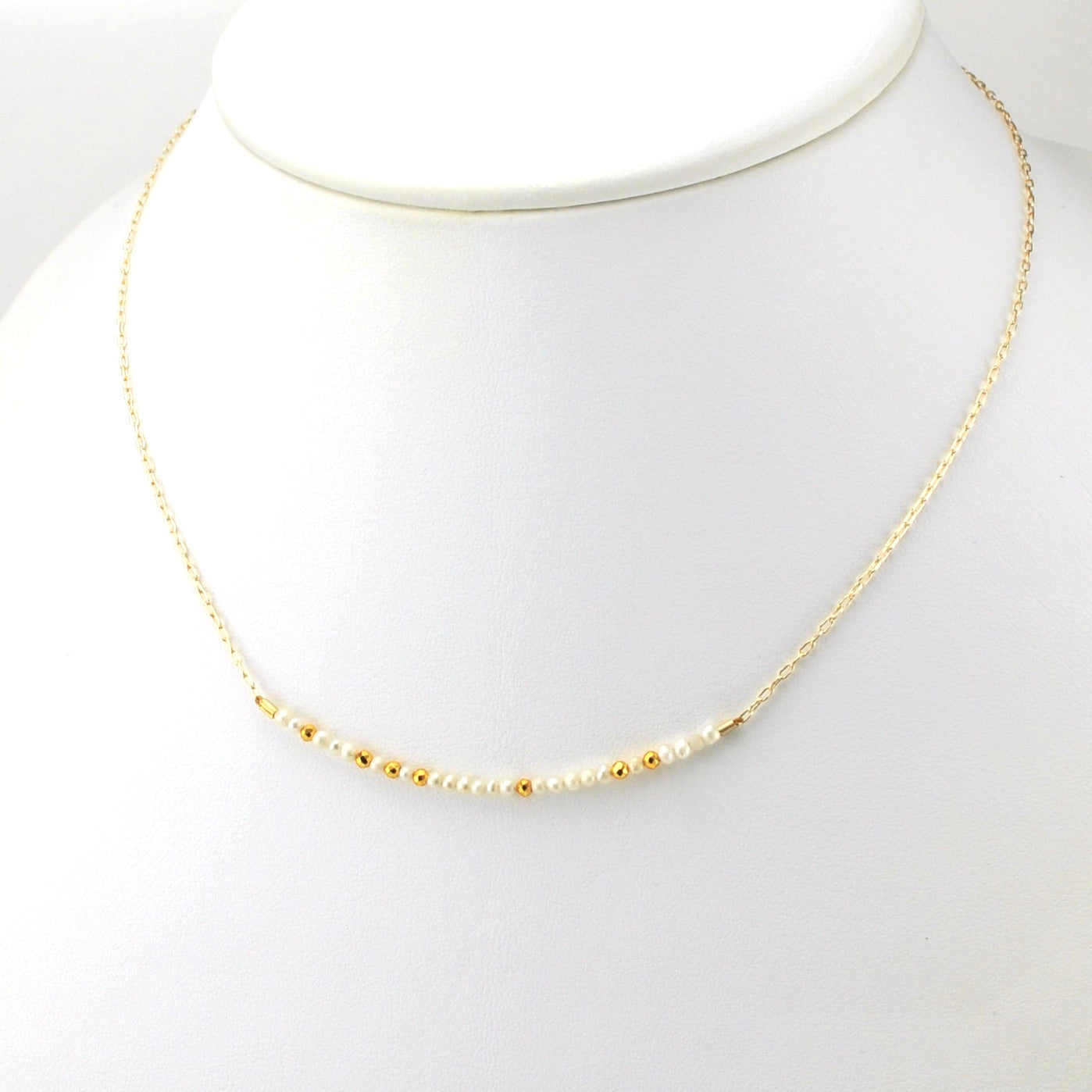 Side View 14k Gold Fill Seed Pearl and Gold Pyrite Bar Necklace