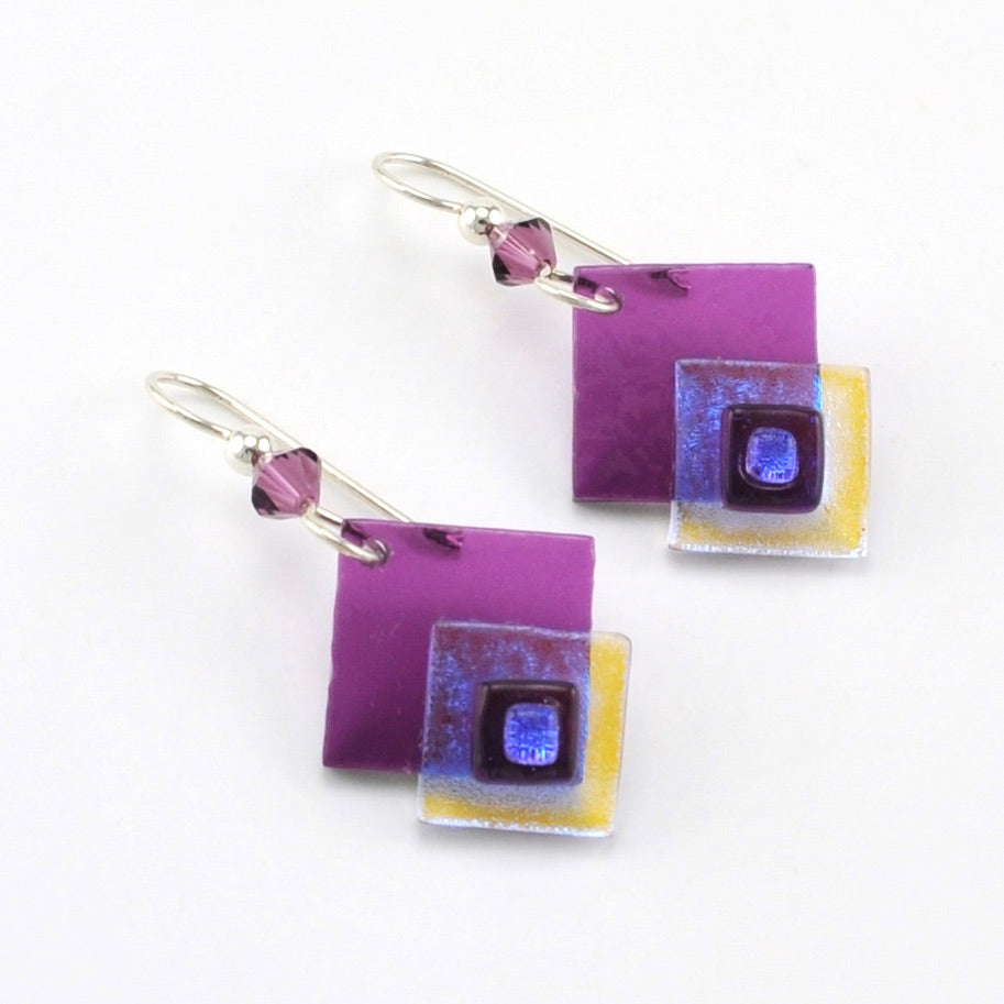 Stricker Purple Fused Glass Double Square Earrings