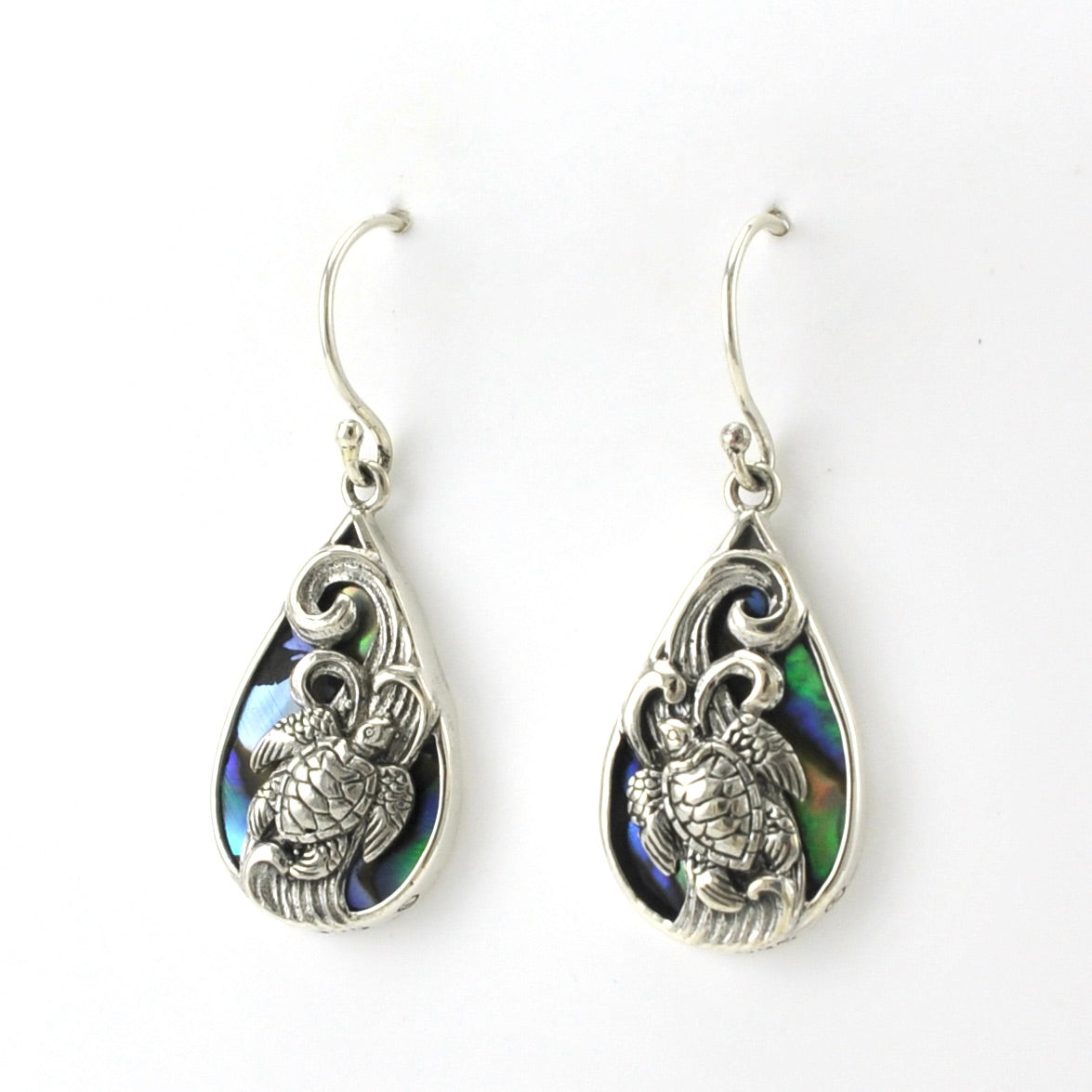 Side View Sterling Silver Abalone Tear Sea Turtle Earrings