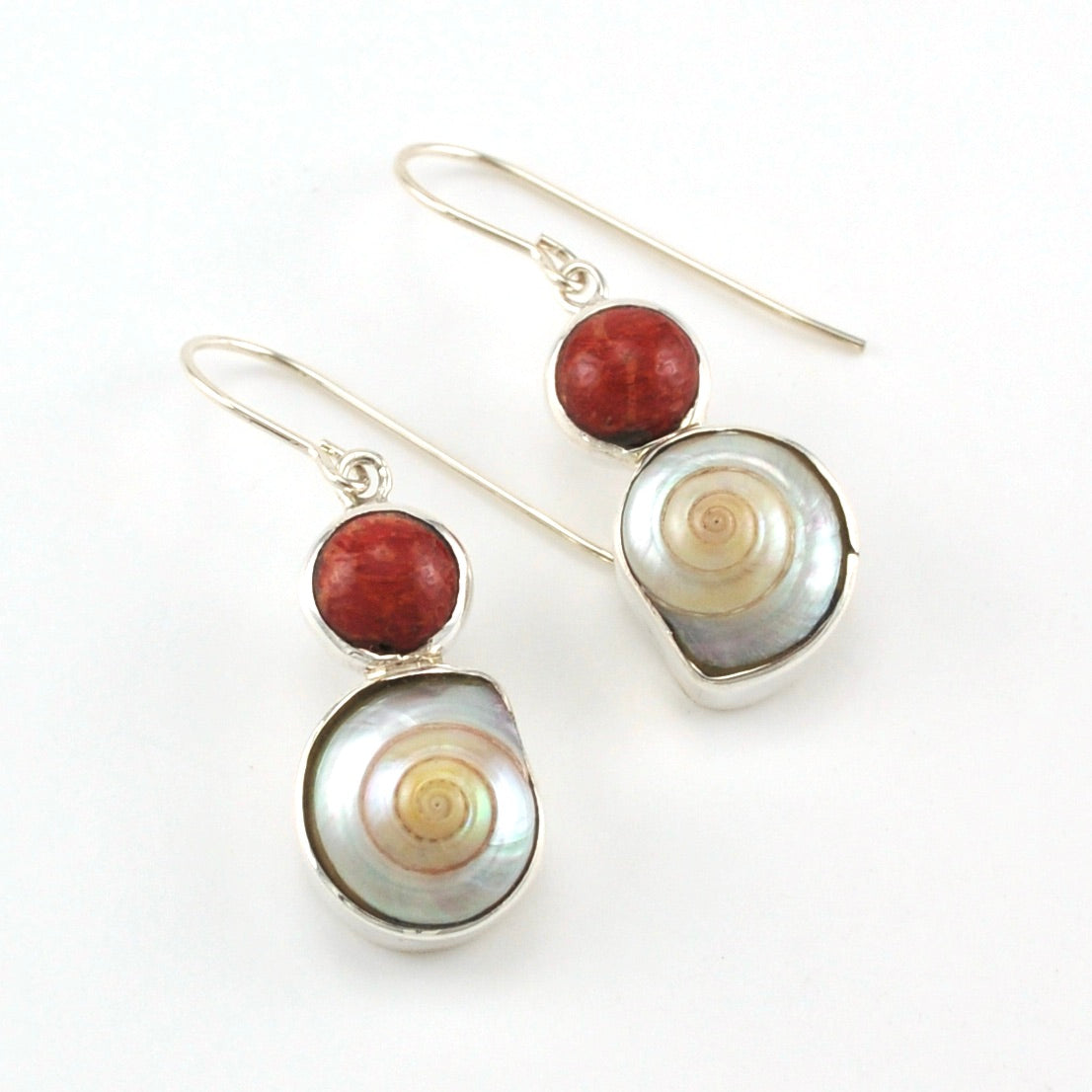 Sterling Silver Red Coral Malabar Shell Earrings