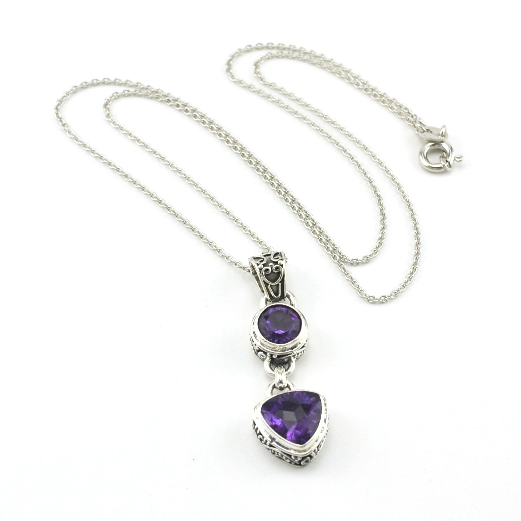 Sterling Silver Amethyst Round Trillion Bali Necklace