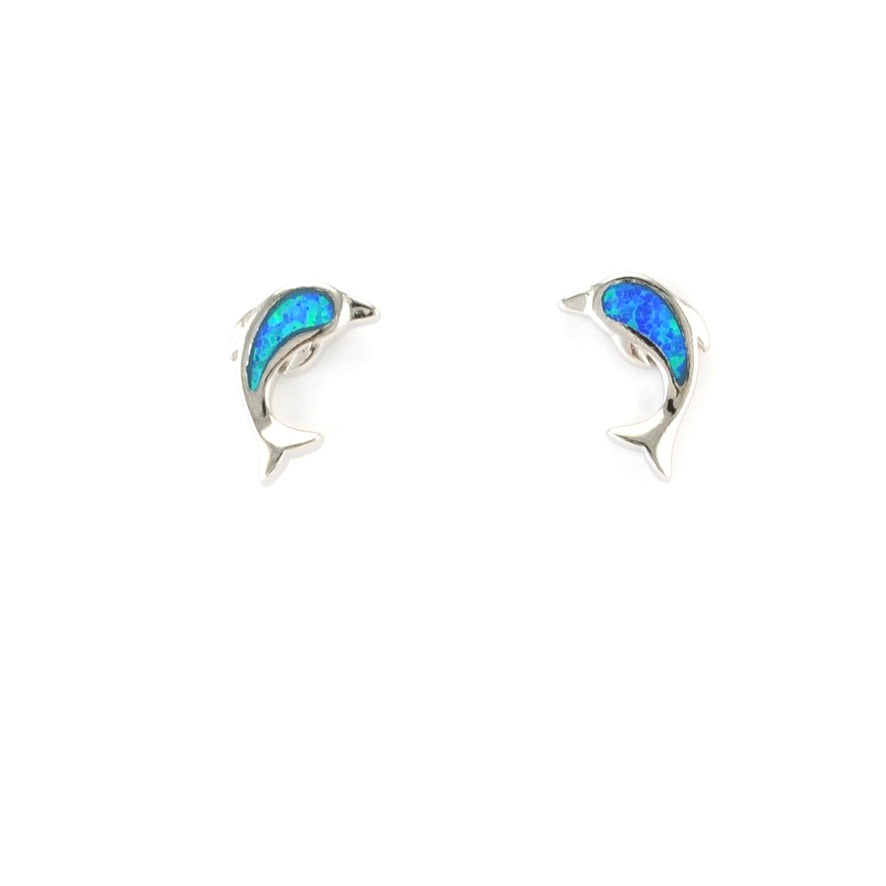 Sterling Silver Created Opal Dolphin Post Earrings