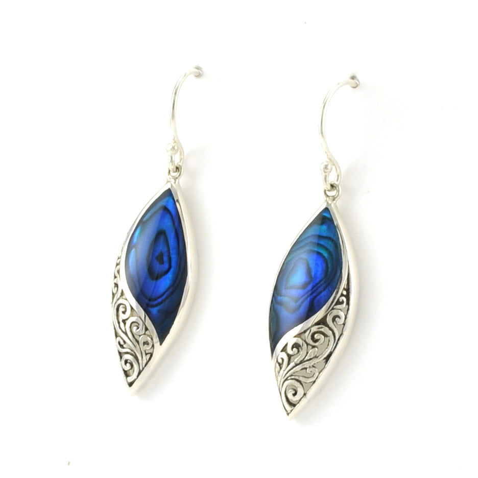 Side View Sterling Silver Blue Abalone Marquise Bali Earrings