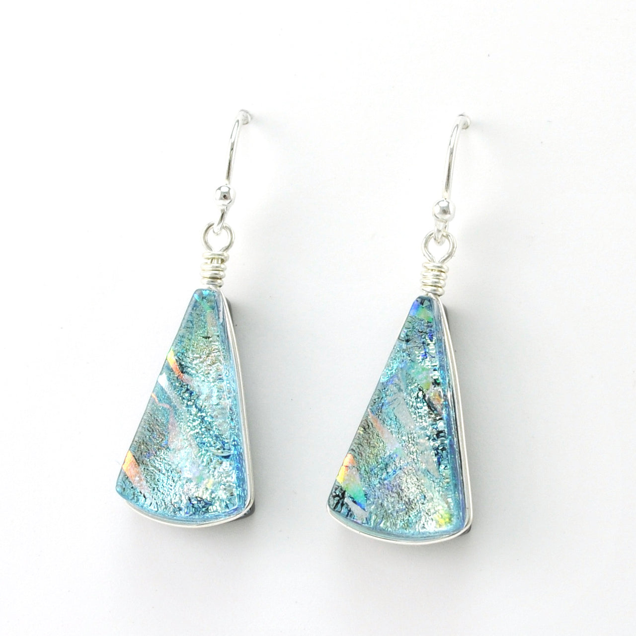 Side View Dichroic Glass Silver Fan Dangle Earrings