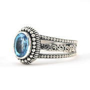 Silver Blue Topaz 6x8mm Oval 3 Band Scroll Ring