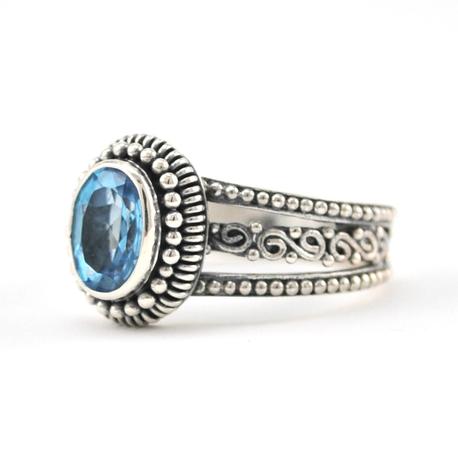 Silver Blue Topaz 6x8mm Oval 3 Band Scroll Ring