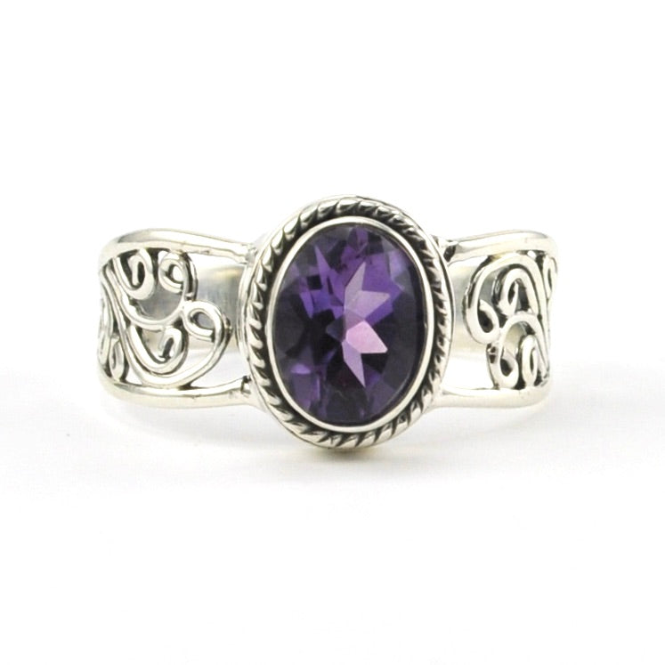 Front View Sterling Silver Amethyst 6x8mm Scroll Ring