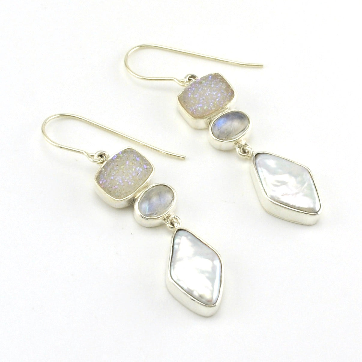 Sterling Silver Druzy Moonstone Pearl Dangle Earrings