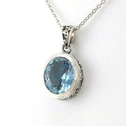Side View Sterling Silver Aquamarine 9x10mm Oval Bali Necklace