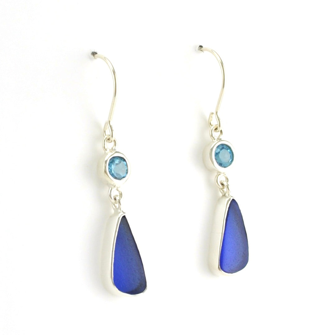 Side View Sterling Silver Blue Topaz Cobalt Sea Glass Earrings