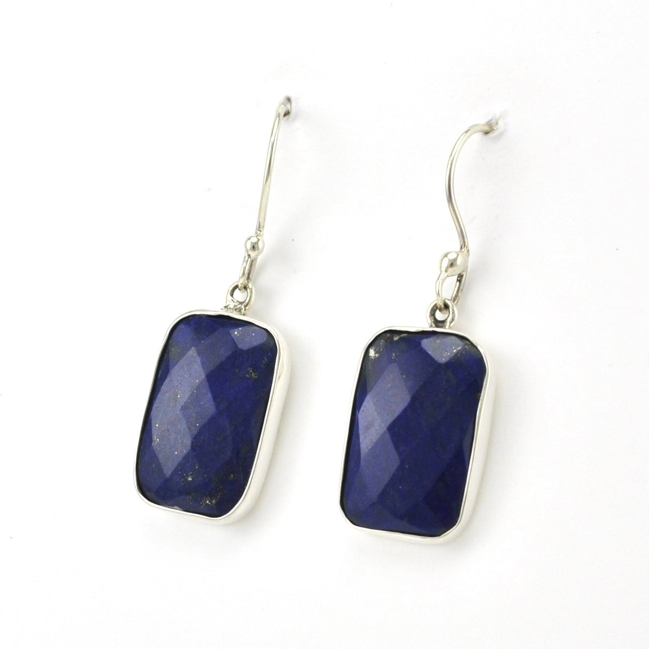 Side View Sterling Silver Lapis Faceted Rectangle Earrings