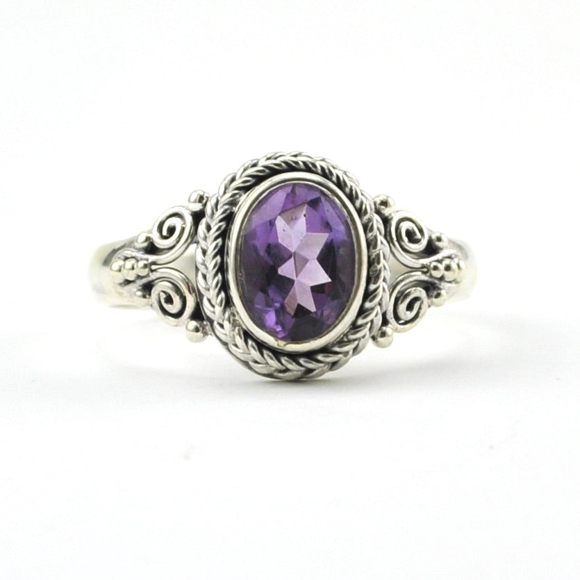 Sterling Silver Amethyst 6x8mm Oval Bali Ring Size 7