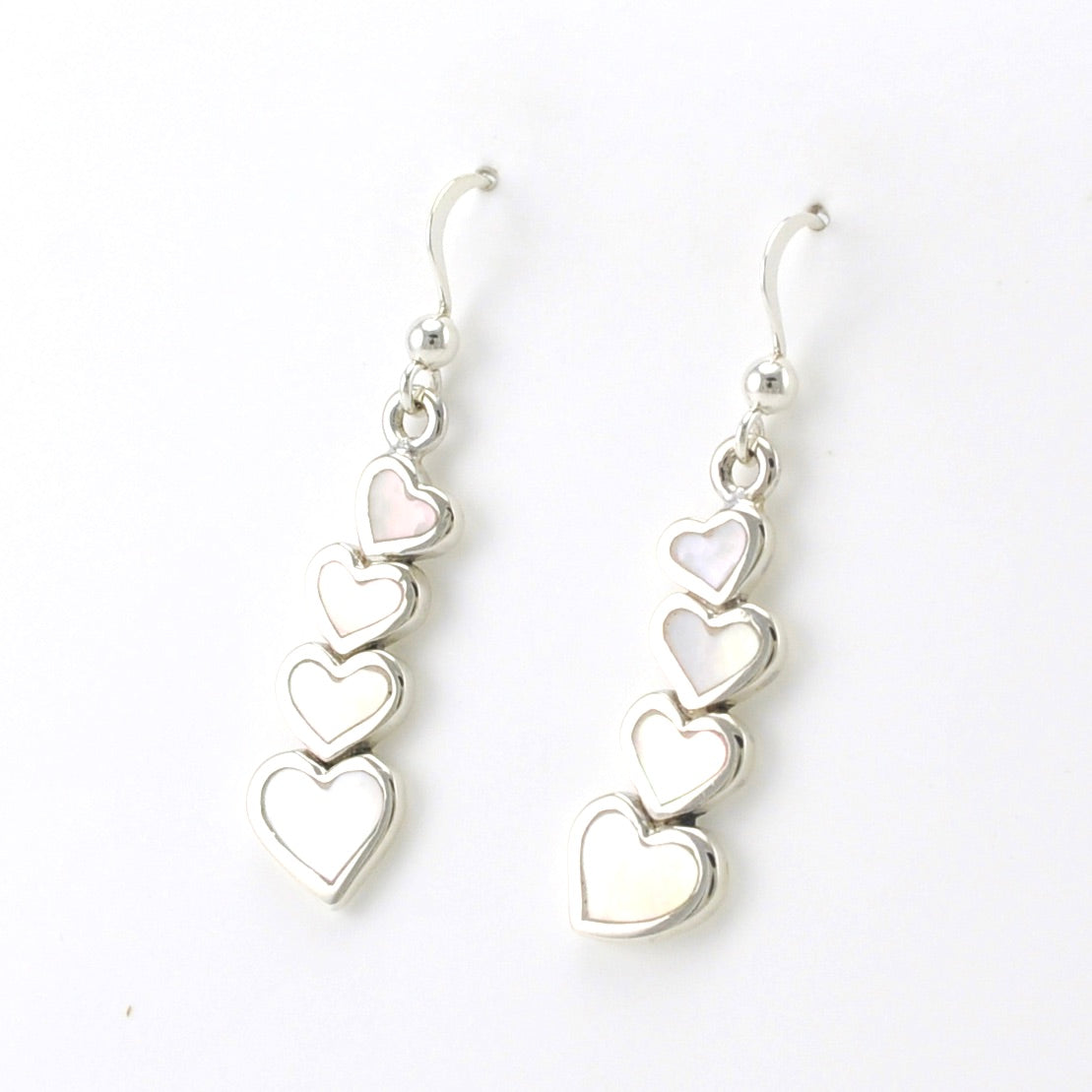 Side View Sterling Silver Mother of Pearl 4 Heart Dangle Earrings