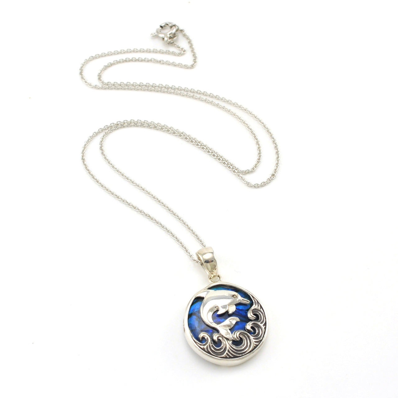 Sterling Silver Blue Abalone Dolphin on Wave Necklace