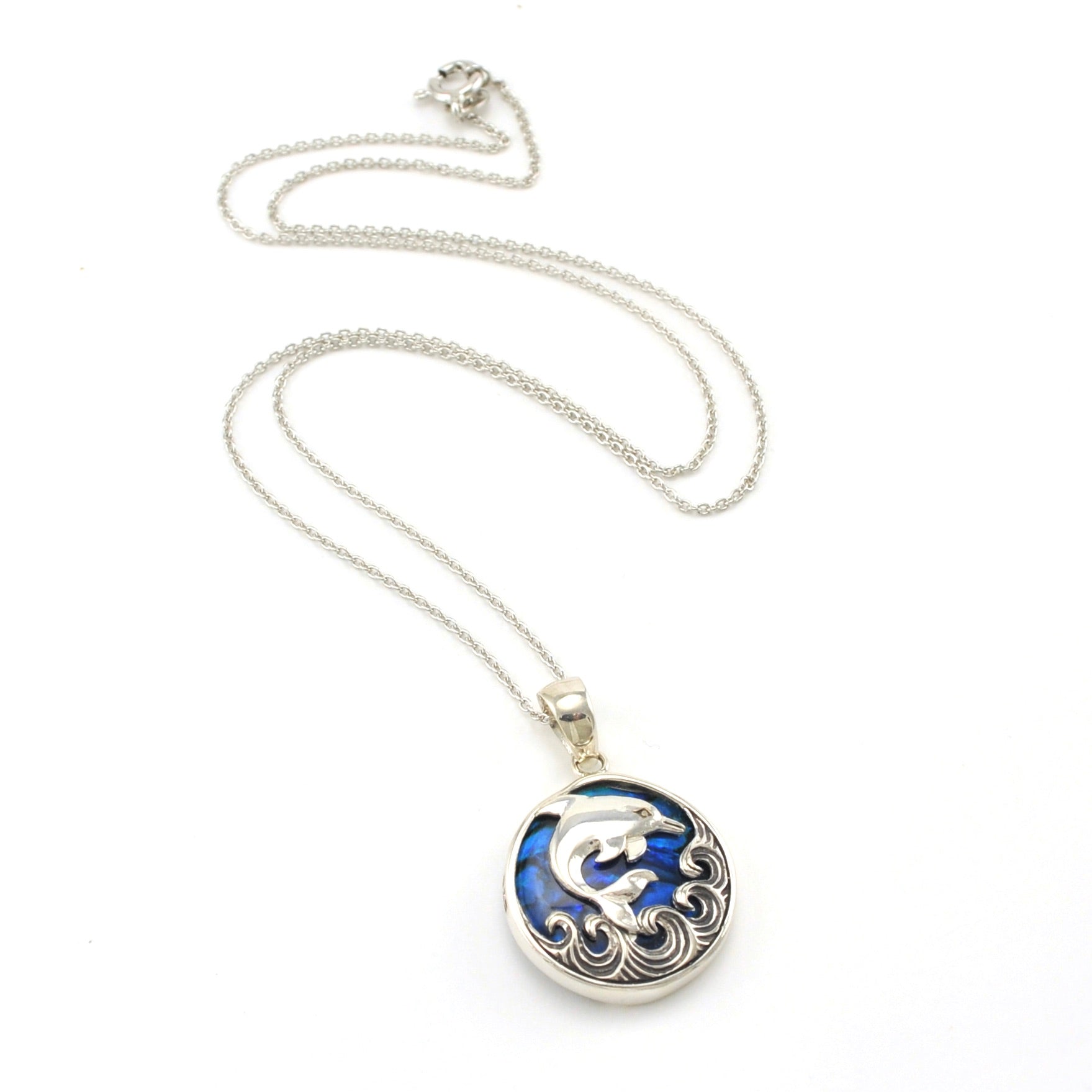 Sterling Silver Blue Abalone Dolphin on Wave Necklace