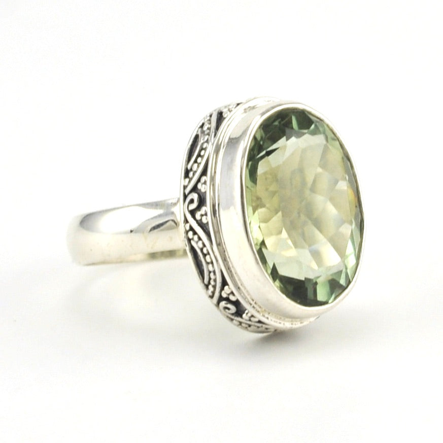 Side View Sterling Silver Green Amethyst 12x16mm Oval Bali Ring