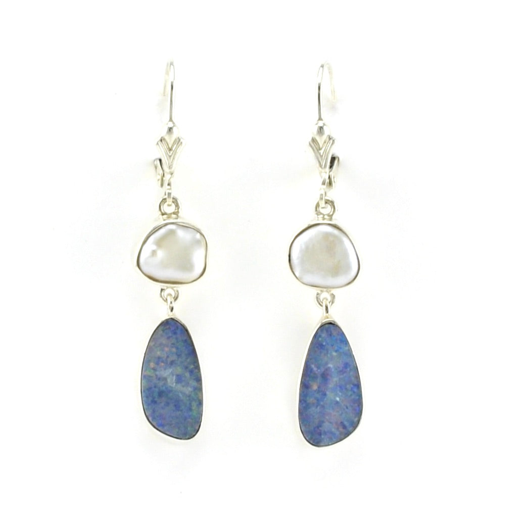 Alt View Sterling Silver Keshi Pearl Australian Opal Earrings