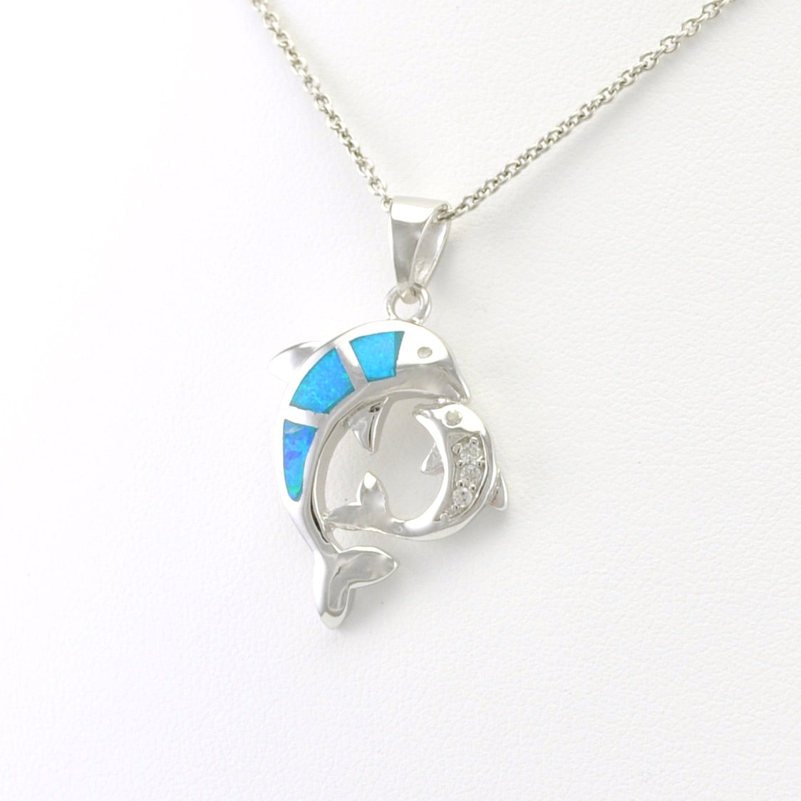 Sterling Silver Created Opal Cubic Zirconia Dolphin Necklace