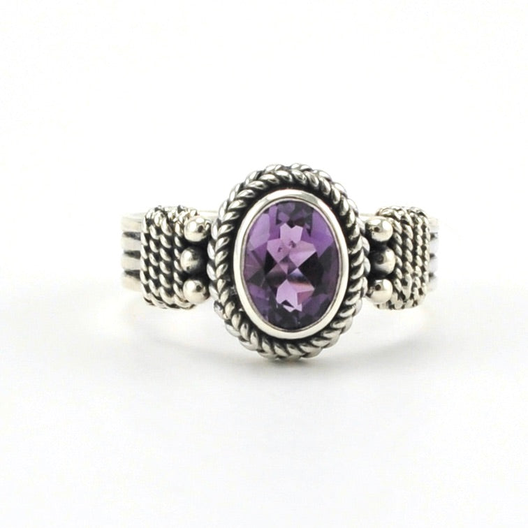 Alt View Sterling Silver Amethyst 6x8mm Oval Bali Ring