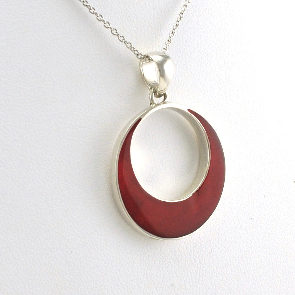 Side View Sterling Silver Red Coral Circle Necklace