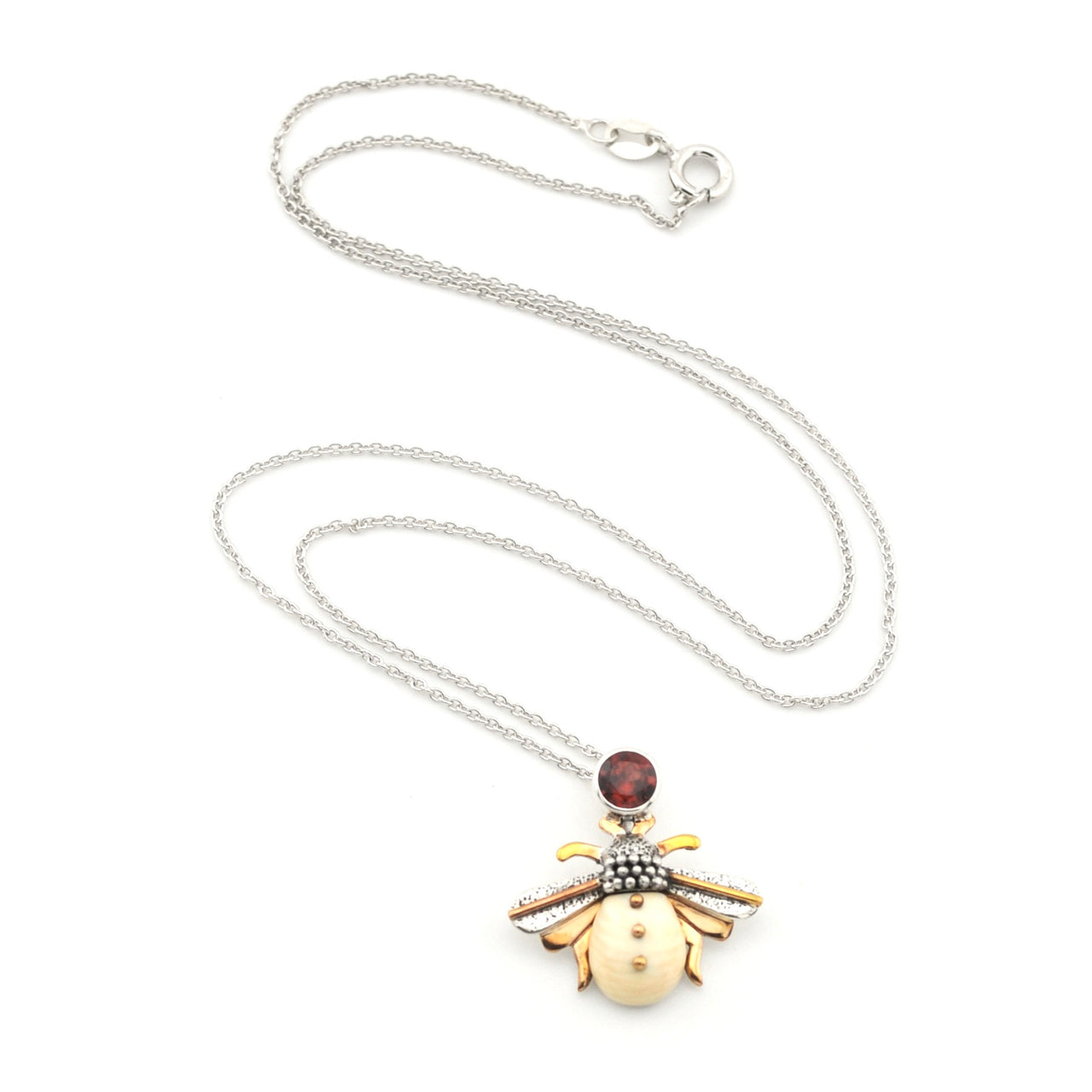 Sterling Silver Fossil Ivory Garnet Bee Necklace