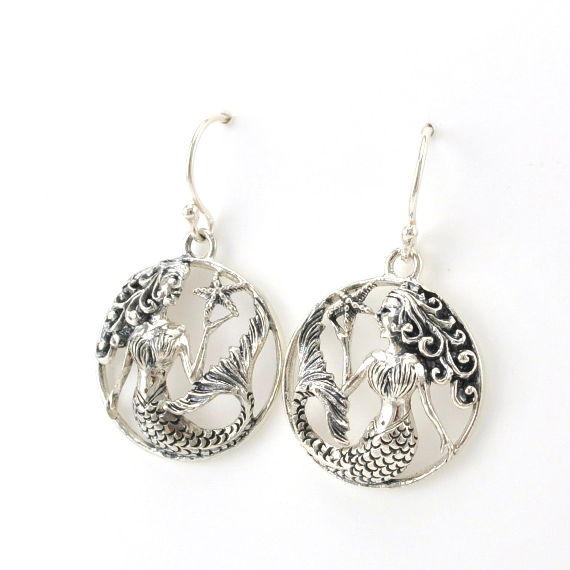 Side Veiw Sterling Silver Mermaid with Starfish Earrings