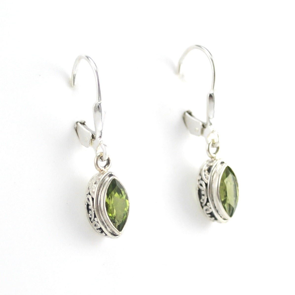 Alternate View Silver Peridot 4x8mm Marquise Bali Dangle Earrings