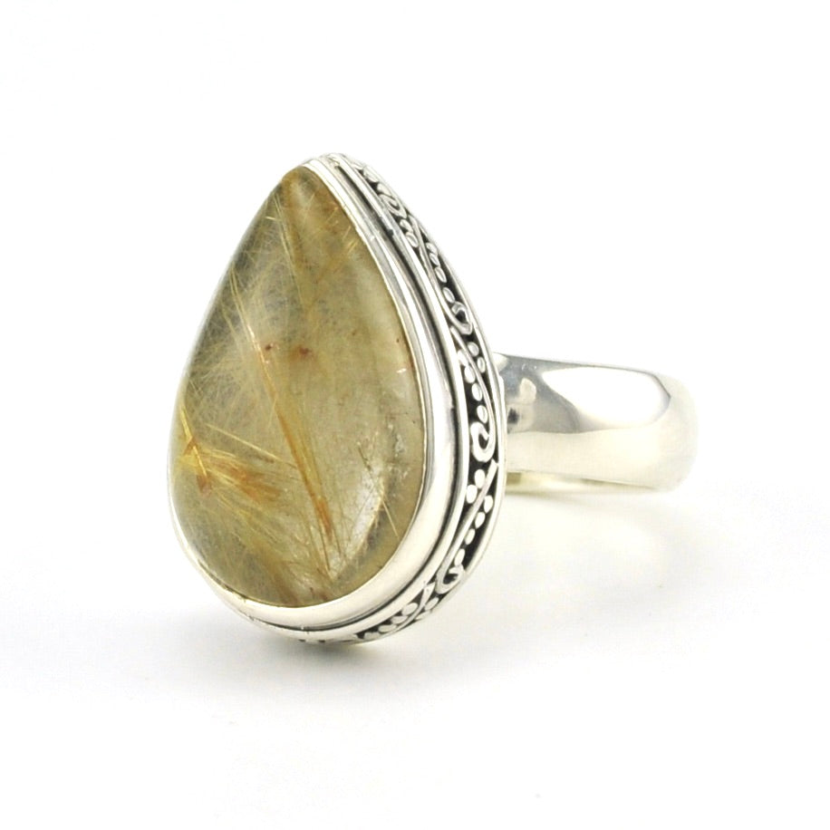 Sterling Silver Rutilated Quartz 12x18mm Tear Bali Ring