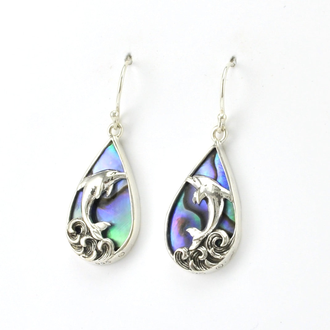 Side View Sterling Silver Abalone Dolphin Earrings
