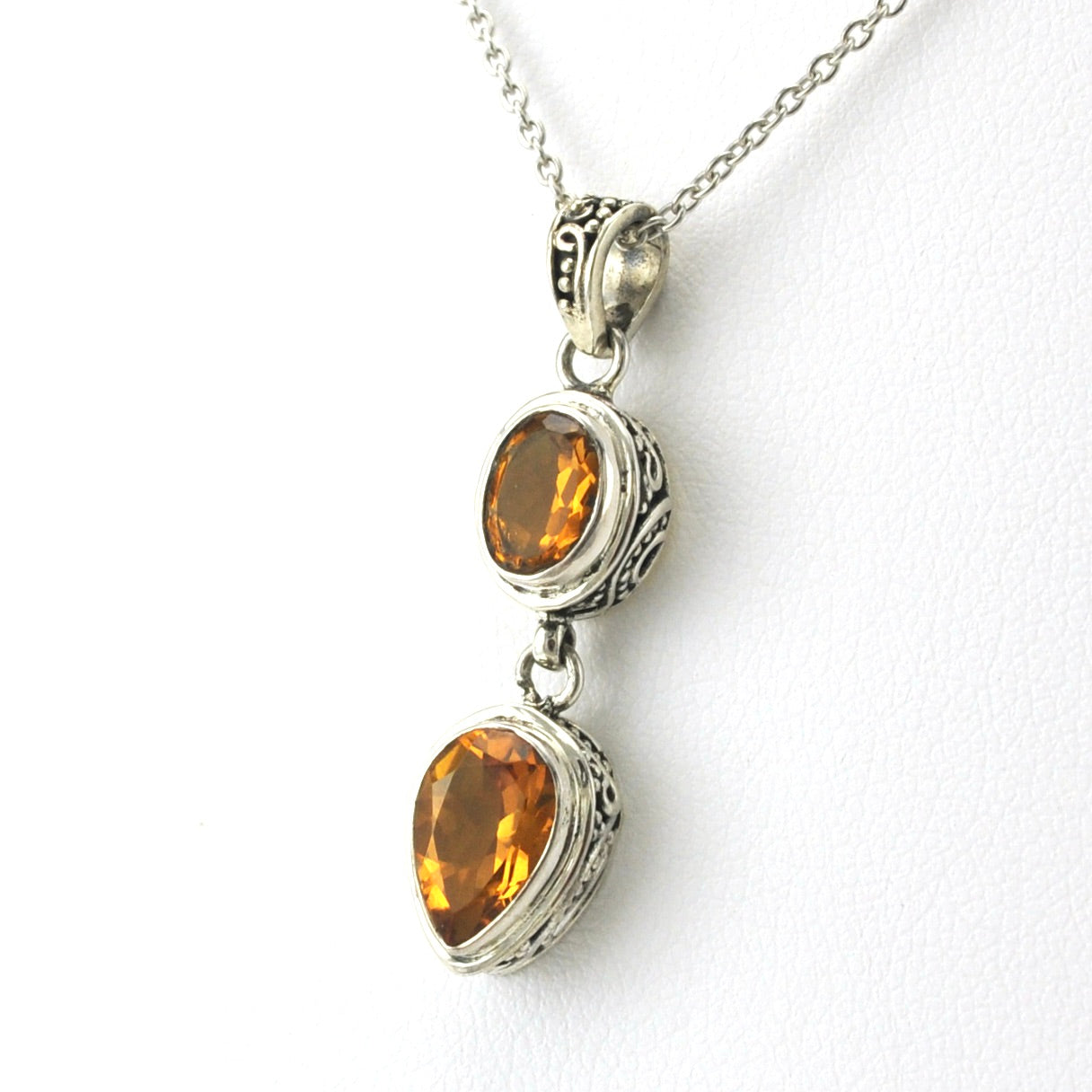 Side View Sterling Silver Citrine Oval Pear Bali Necklace