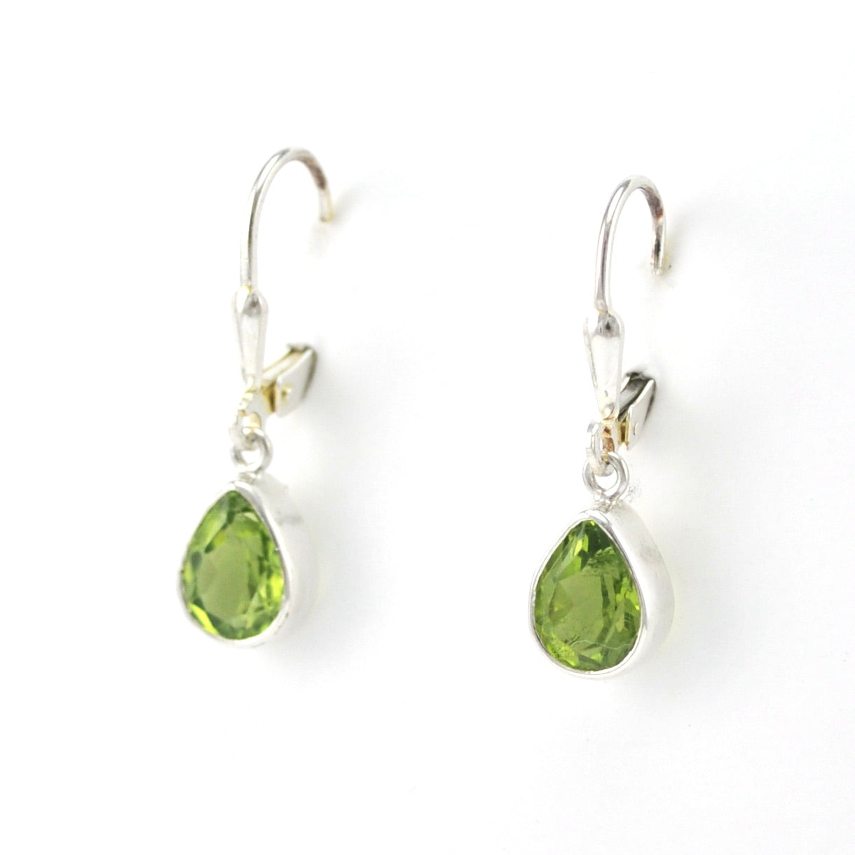 Silver Peridot 6x8mm Tear Dangle Earrings