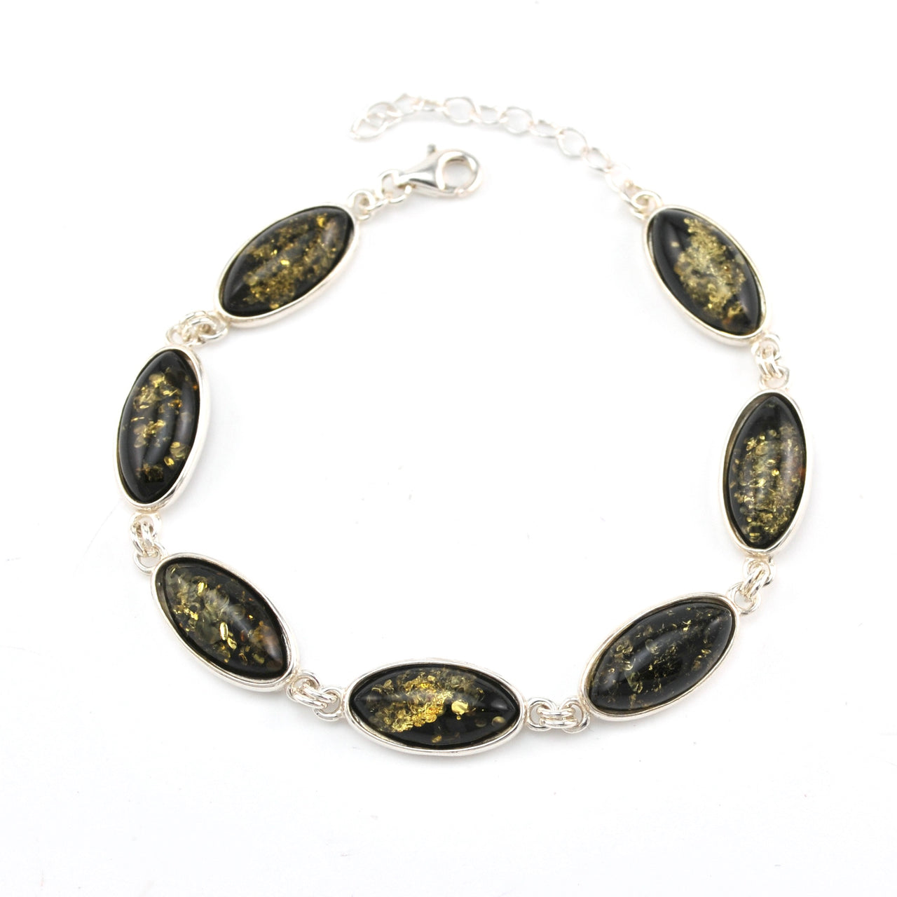 Sterling Silver Green Amber Long Oval Link Bracelet