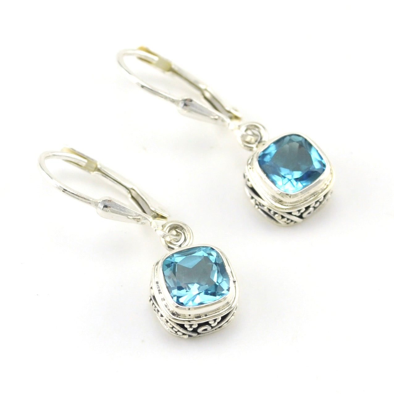 Sterling Silver Blue Topaz 6mm Square Bali Dangle Earrings