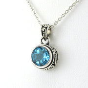 Side View Sterling Silver Blue Topaz 8mm Round Bali Necklace
