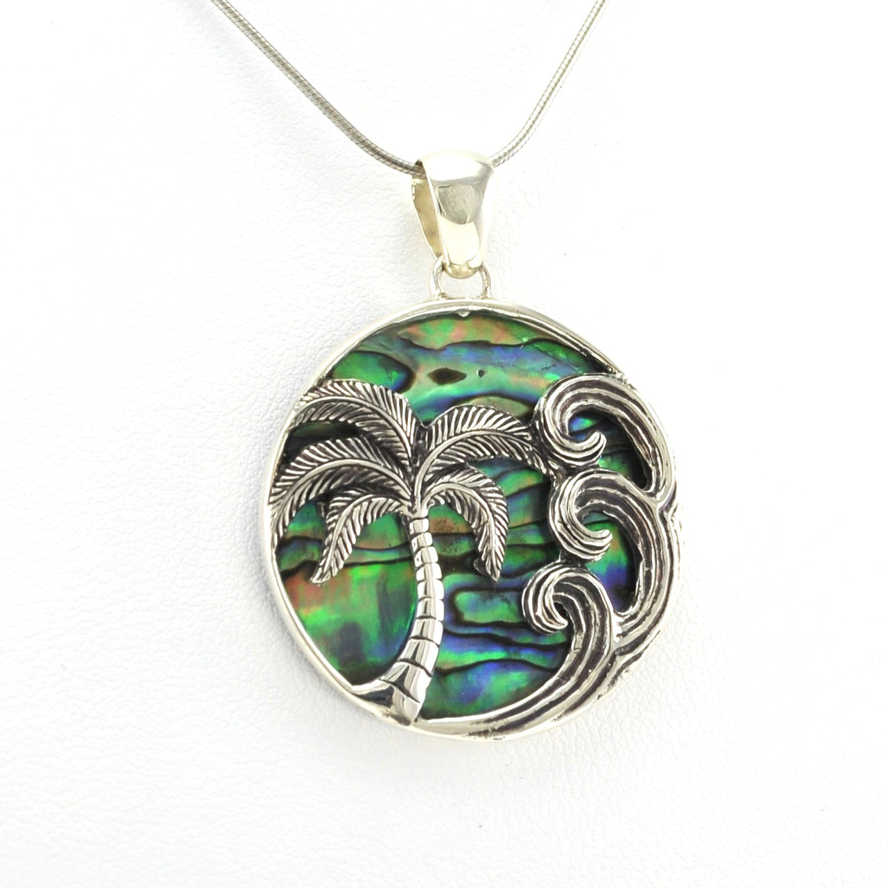 Side View Sterling Silver Abalone Palm Tree Pendant