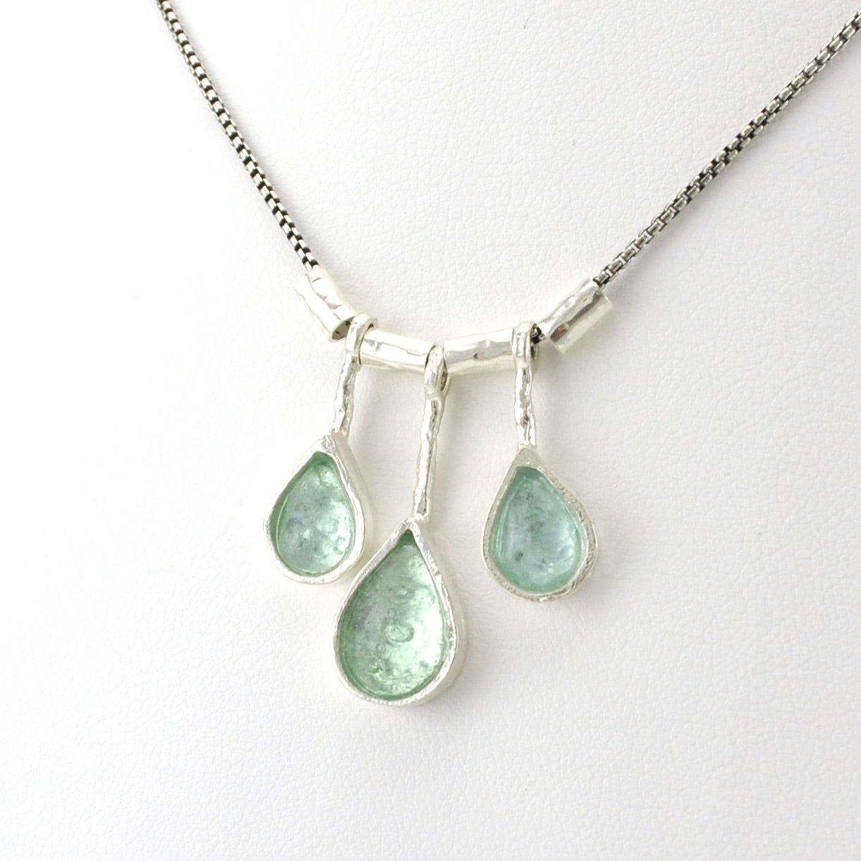 Side View Sterling Silver Ancient Roman Glass 3 Teardrop Necklace