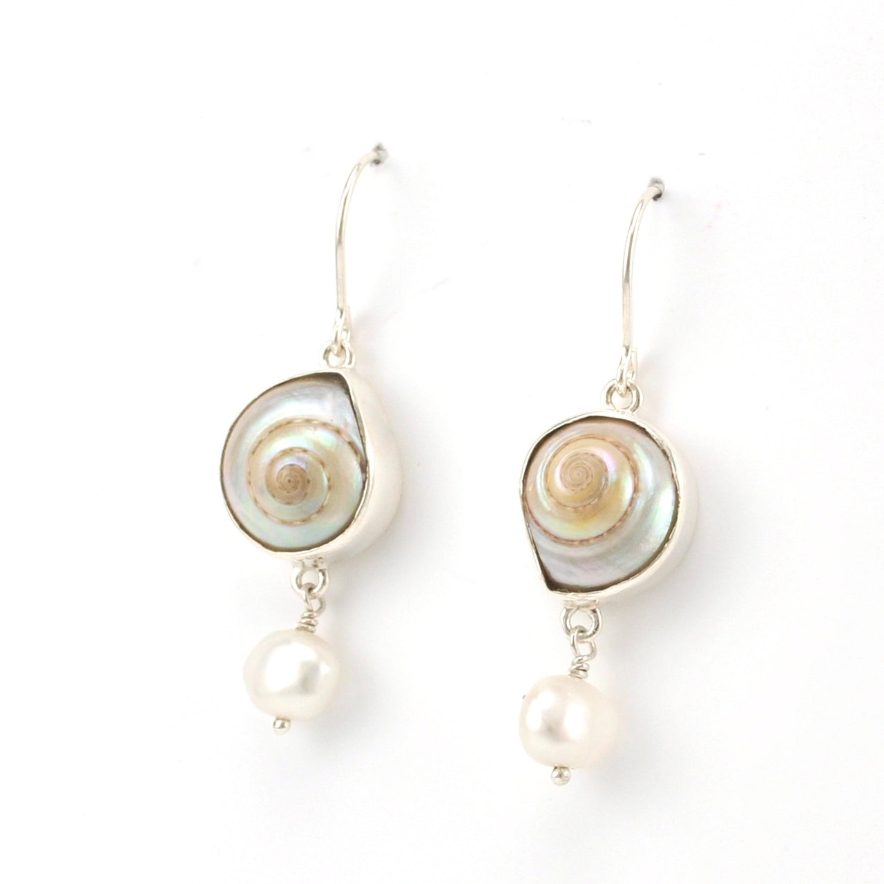 Side View Sterling Silver Malabar Shell and Pearl Dangle Earrings